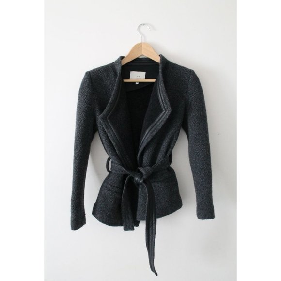 IRO Cooley Tweed Belted Jacket Grey Size 38 Medium Wool Lamb Leather Trim - Picture 3 of 8